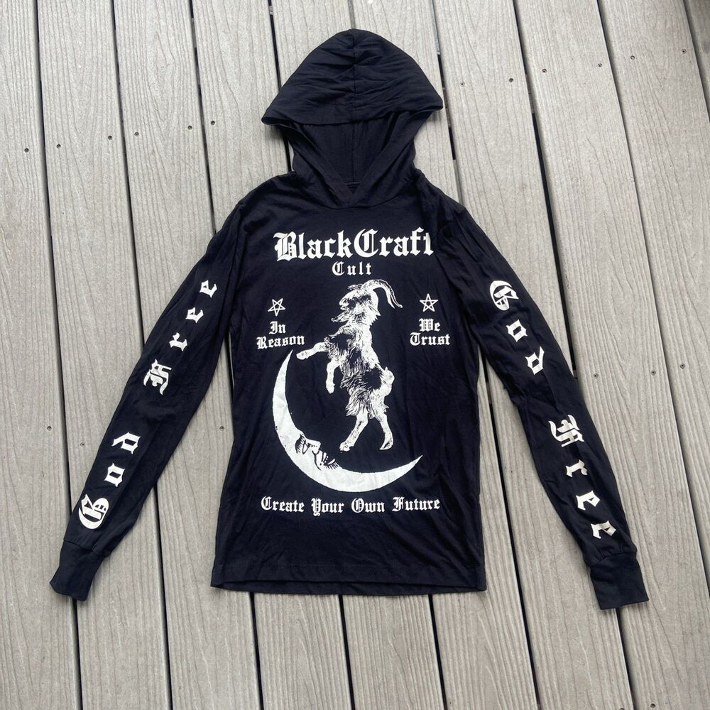 Blackcraft Cult Size XS Black Goat Moon Hooded Long Sleeve T-Shirt Goth Occult